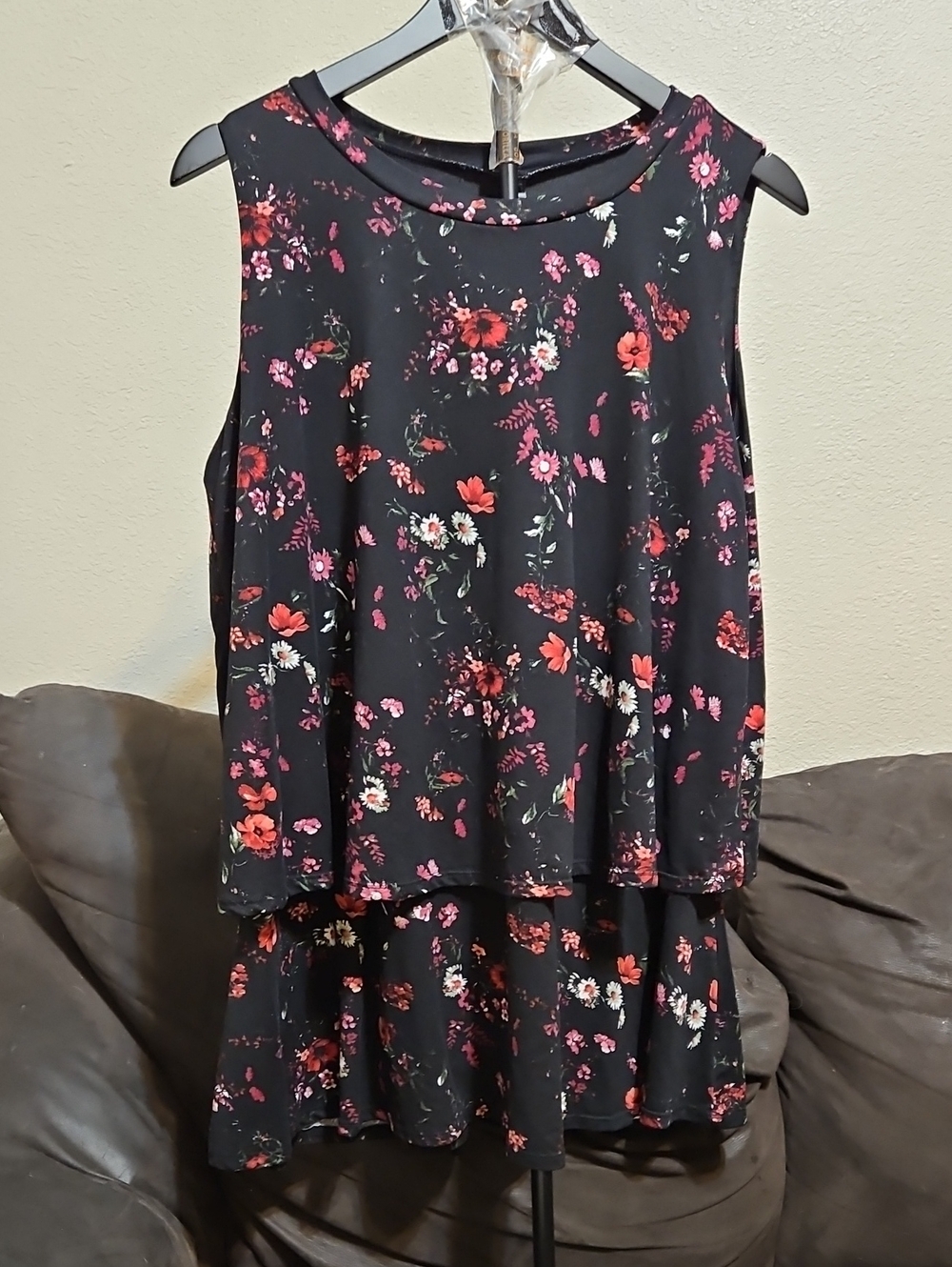 Agnes & Dora Black Floral Layered Sleeveless Top with Red and Pink Blooms